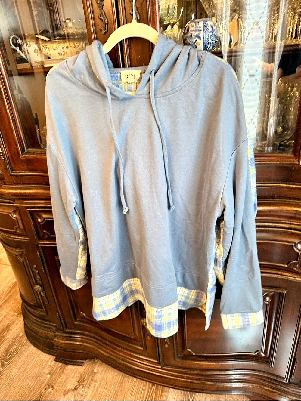 BIBI Plaid Hooded Tunic Blue & Yellow Size XL  New